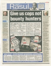 Scan of a newspaper column layout featuring Shaf Rasul’s article on the role of police in community safety versus asset seizures, with sidebar, photographs, and supporting text.