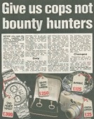 Image showing Shaf Rasul’s headline: "Give us Cops Not bounty hunters" with background graphics and newspaper layout.