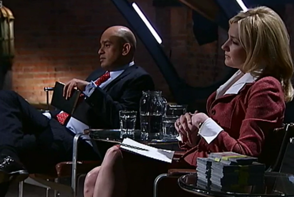 Shaf Rasul and Julie Meyer listening to a business pitch on Dragons’ Den.