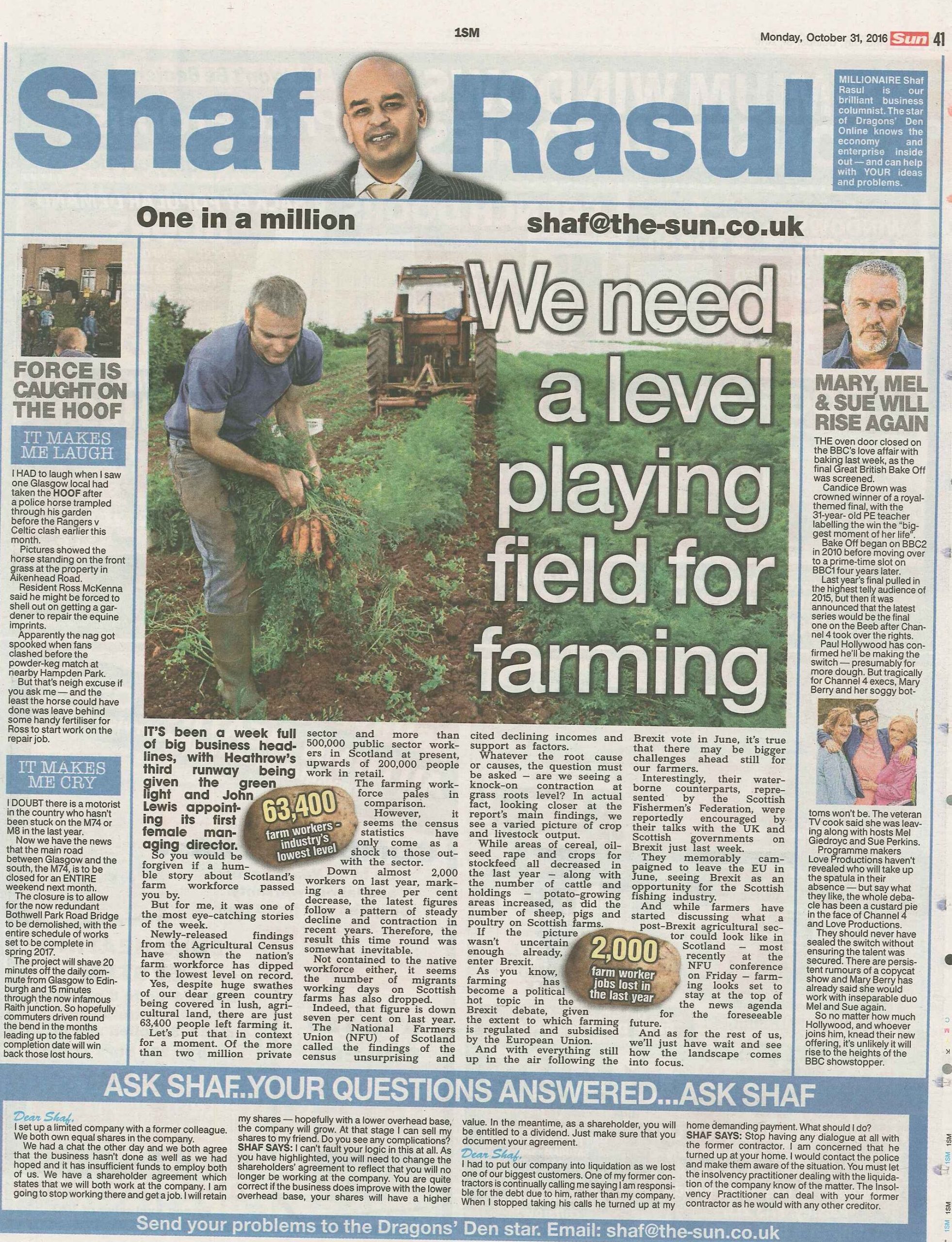 A newspaper scan featuring Shaf Rasul’s column titled “We Need a Level Playing Field for Farming,” addressing Scotland’s declining agricultural workforce, Brexit’s impact, and the role of subsidies in farming.