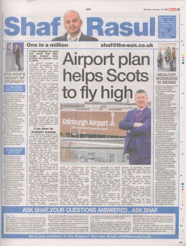 Full-page newspaper column layout with sections: main article on Edinburgh Airport growth, a sidebar on mental health in workplaces, a laugh section about a tall ATM, and a weep section on graduate employment inequality.