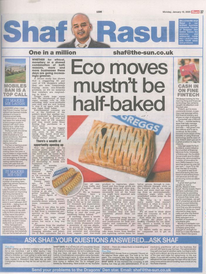Full-page newspaper column layout with sections: main article on eco-friendly business, sidebar on fintech in Scotland, light-hearted laugh piece on mobile phone ban, and a serious section on declining teenage employment.