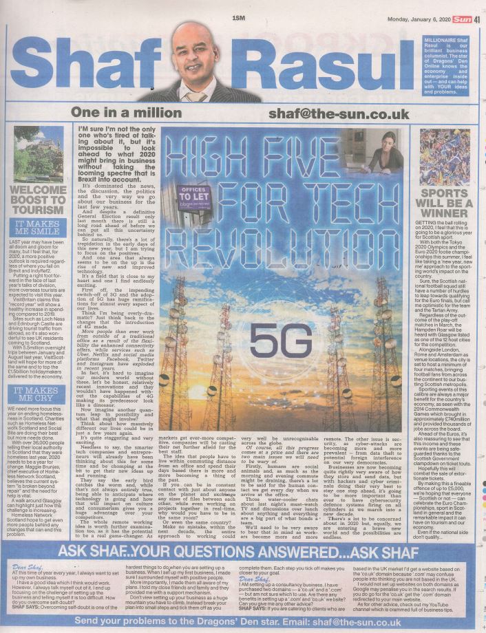 Full-page layout of Shaf Rasul’s column in The Scottish Sun with sections on technology, sport, tourism, and homelessness.
