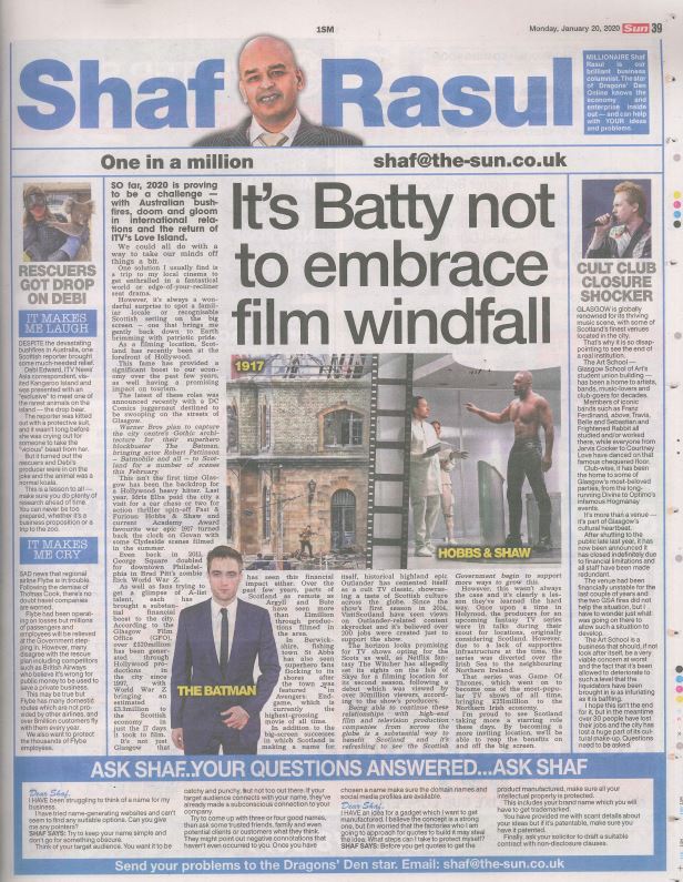 Full-page newspaper column layout featuring main article on Scotland’s film industry, a sidebar on Glasgow’s Art School closure, a laugh section with a lighthearted prank on a reporter, and a weep section on Flybe’s airline troubles.