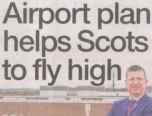 A headline banner featuring “Airport plan helps scots to fly high” with an image of Edinburgh Airport’s bustling terminal or a plane taking off against a Scottish skyline, symbolizing growth and connectivity.