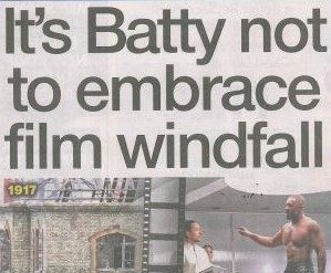 A dramatic headline banner with the words “It’s Batty not to embrace film windfall” overlaid on an image of Glasgow’s gothic architecture at night, possibly featuring a silhouette of Batman or a film camera to evoke the cinematic theme.