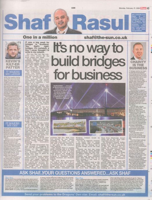 Full-page newspaper column layout with sections: main article on bridge-related issues, a sidebar on business charitable giving, a weep section on Braehead Shopping Centre’s troubles, and a laugh section featuring Kevin Bridges.