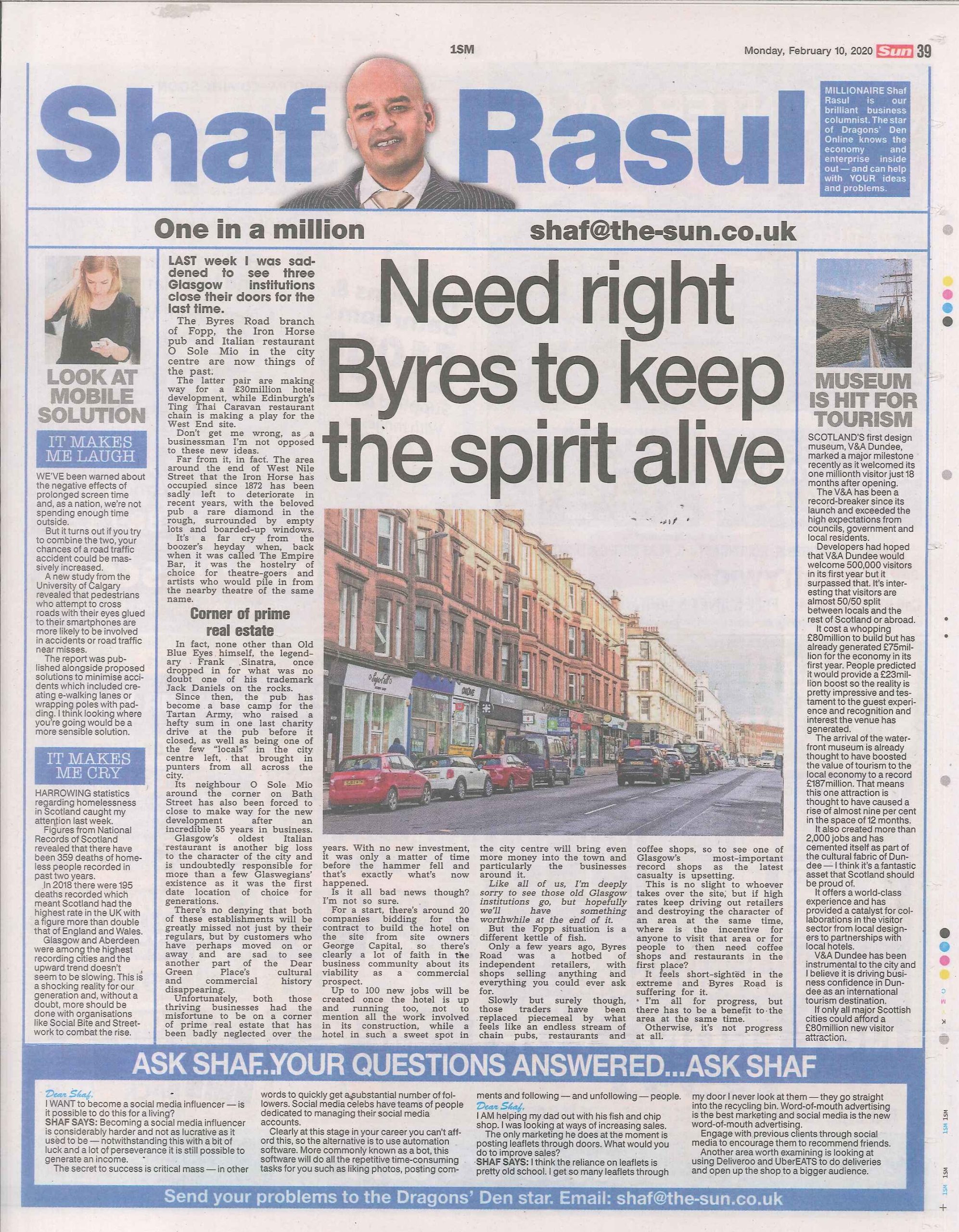 Alt Text: Full-page newspaper column layout with sections: main article on Glasgow’s Byres Road and city centre closures, a sidebar on the V&A Dundee milestone, a weep section on homelessness deaths in Scotland, and a laugh section about smartphone distractions in traffic.