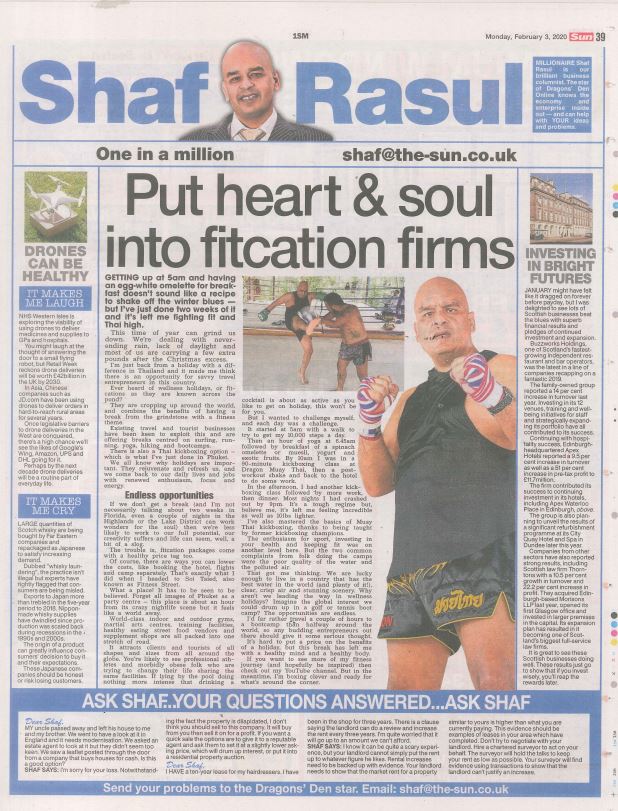 Full-page newspaper column layout featuring sections: main article on fitcations, a sidebar on strong financial performance of Scottish businesses, a laugh section about drone deliveries, and a weep section on whisky laundering.