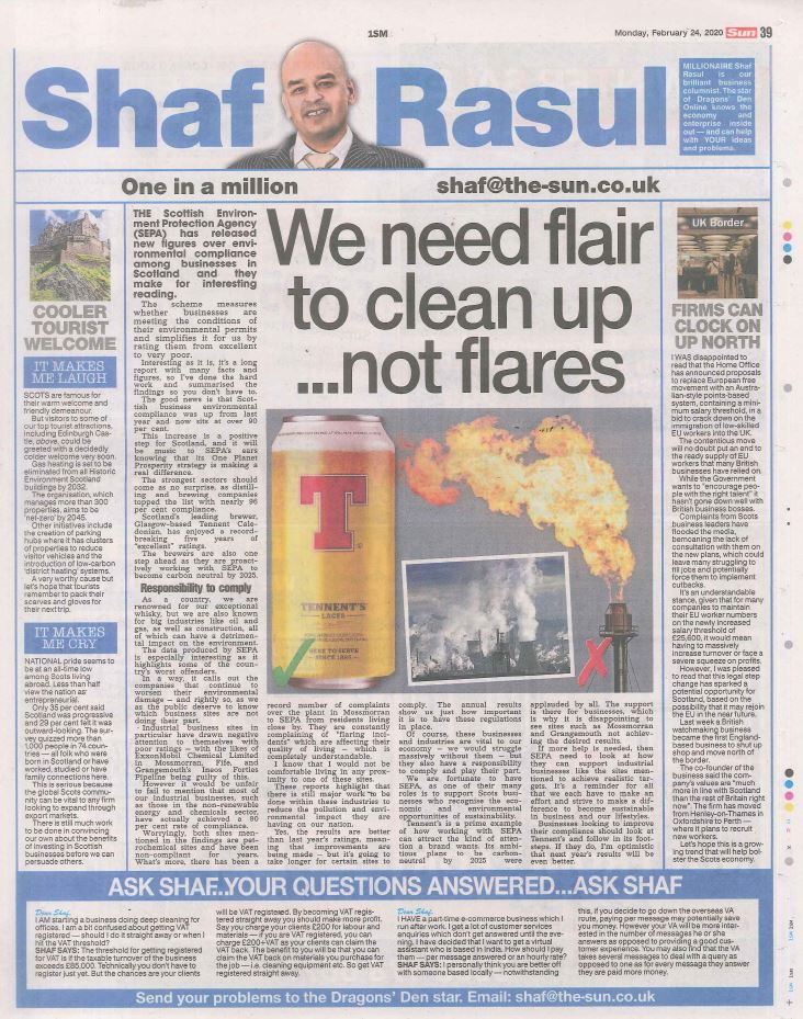 Full-page newspaper column layout with sections: main article on SEPA compliance, a sidebar on immigration policy changes, a laugh section about chilly castles, and a weep section on Scotland’s diaspora entrepreneurship challenges.