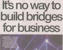 Headline banner featuring “It’s no way to build bridges for business” overlaid on an image of the Queensferry Crossing and a stylised bridge blueprint, symbolising infrastructure challenges.