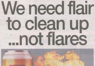 Headline banner featuring “We need flair to clean up not flares” overlaid on an image of industrial smokestacks with contrasting clear skies, symbolising environmental progress in Scottish industries.