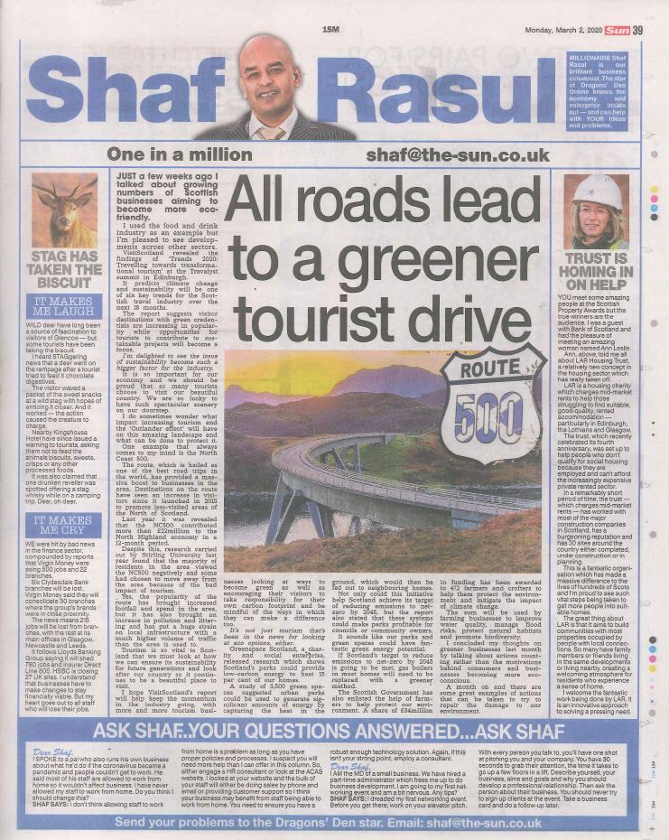 Full-page newspaper column layout with sections: main article on eco-friendly tourism, a sidebar on the LAR Housing Trust, a laugh section about tourists feeding deer biscuits, and a weep section on finance sector job losses.