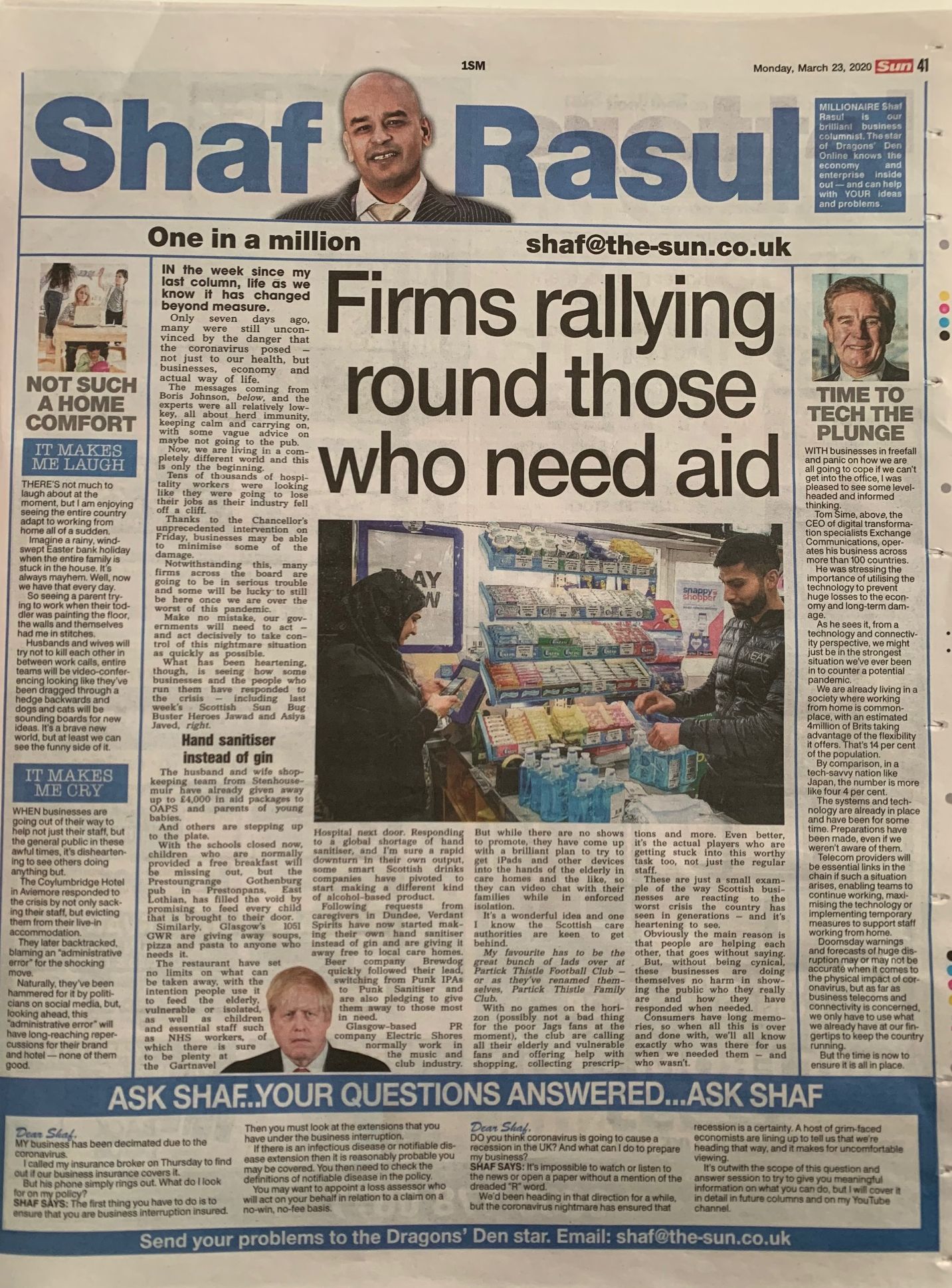 Full-page newspaper column layout with sections: main article on business and community responses to coronavirus, a sidebar on remote working and technology, a weep section on the Coylumbridge Hotel staff eviction, and a laugh section on working from home mishaps.