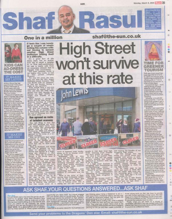 Full-page newspaper column layout with sections: main article on high street retail struggles, a sidebar on eco-tourism, a weep section about Flybe’s collapse, and a laugh section about creative World Book Day costumes.