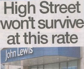 Headline banner featuring “High street won’t survive at this rate” overlaid on an image of a deserted high street with boarded-up shops, capturing the decline of traditional retail.