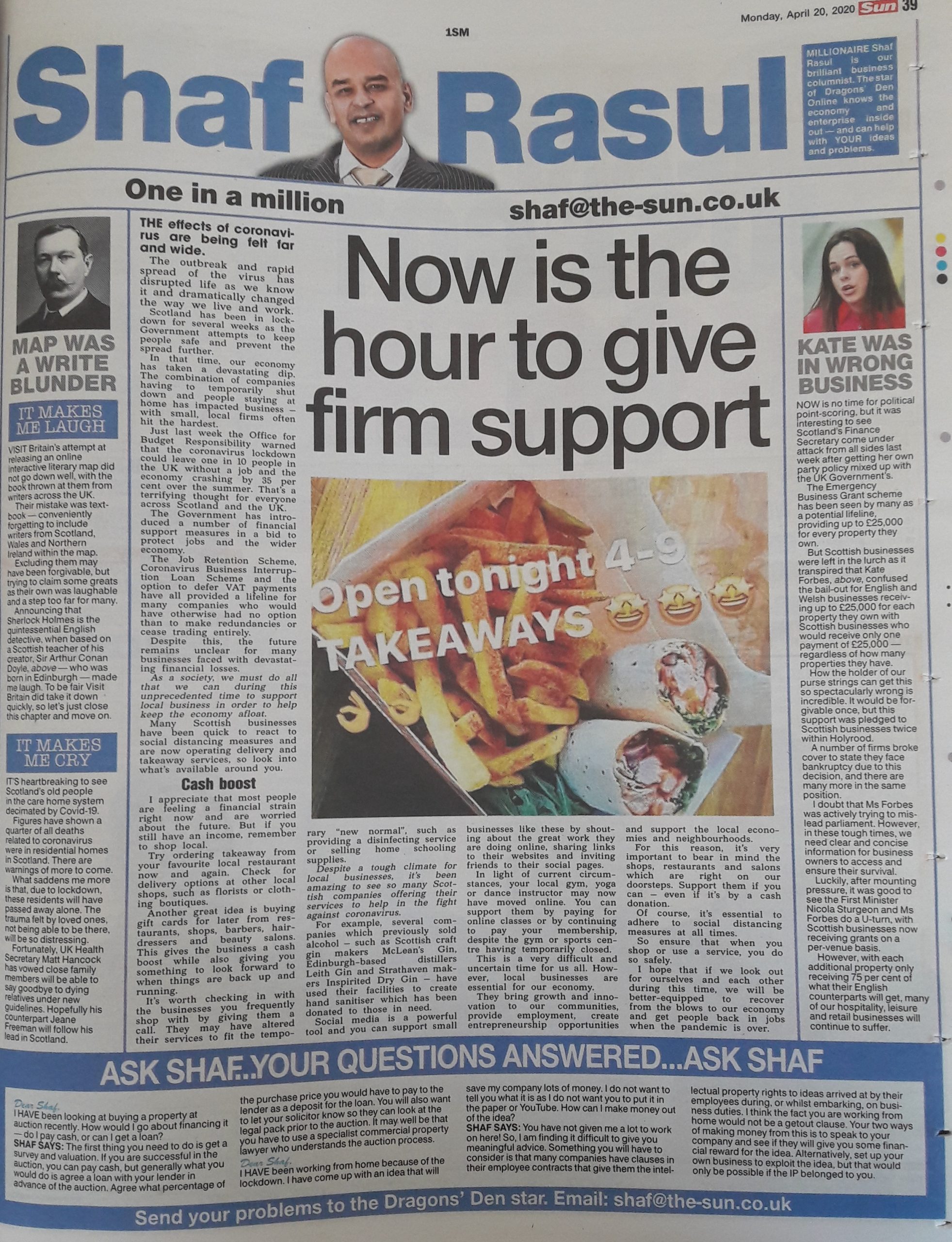 Full-page newspaper column layout with sections: main article on supporting local businesses, a sidebar on Scottish Government grant confusion, a weep section on care home deaths, and a laugh section on literary map missteps.