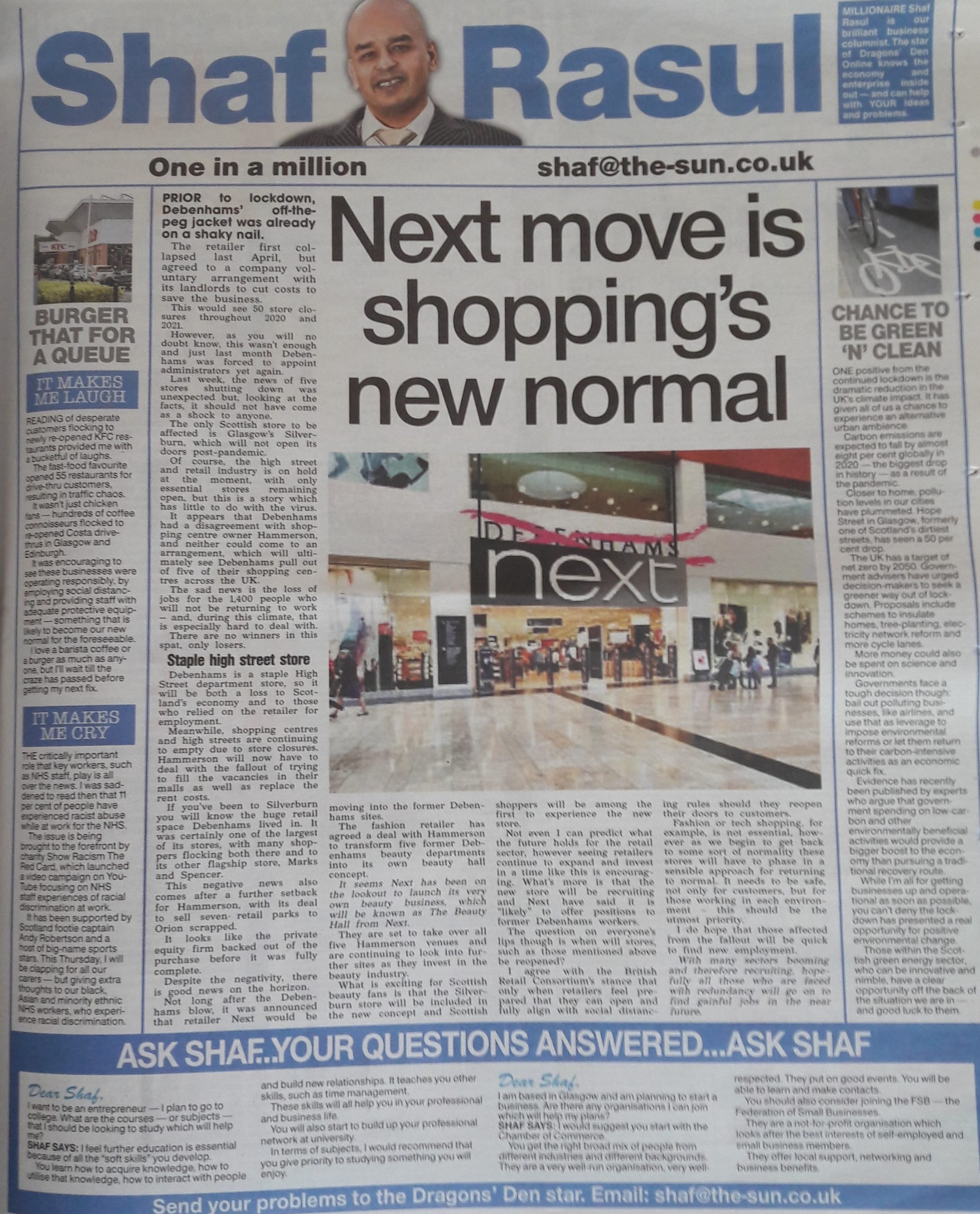 A full-page newspaper scan featuring Shaf Rasul’s column with sections on Debenhams’ administration, Next’s beauty hall expansion, carbon emission reductions, fast food re-openings, and NHS staff discrimination.
