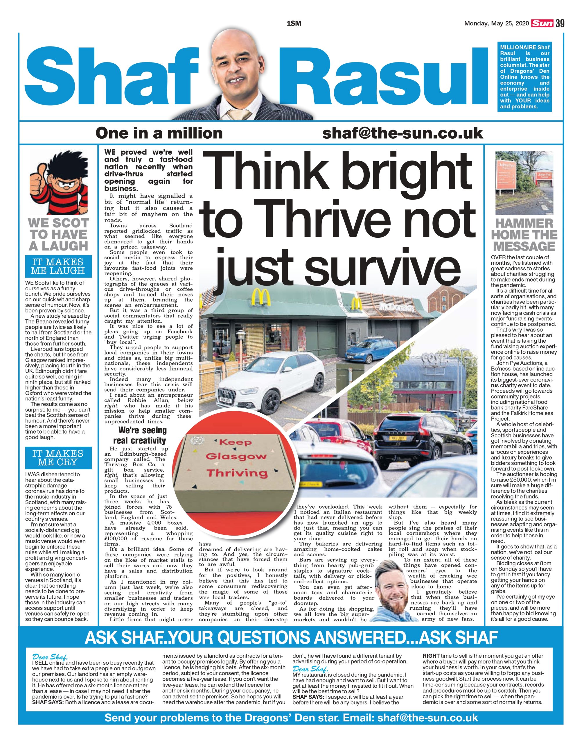 A full-page newspaper scan featuring Shaf Rasul’s column discussing local businesses innovating, the impact of Covid-19 on Scotland’s music venues, an online charity auction, and a study on Scottish humour.