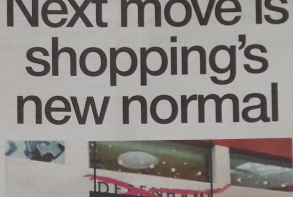 A digital banner featuring the headline “Next move is shopping’s new normal” with an image showing a closed Debenhams store alongside a “Coming Soon” sign for a Next Beauty Hall.