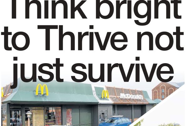 A digital banner featuring the headline “Think Bright to Thrive not just survive” with an image of small businesses adapting during Covid-19—local shops, delivery drivers, and creative entrepreneurs.