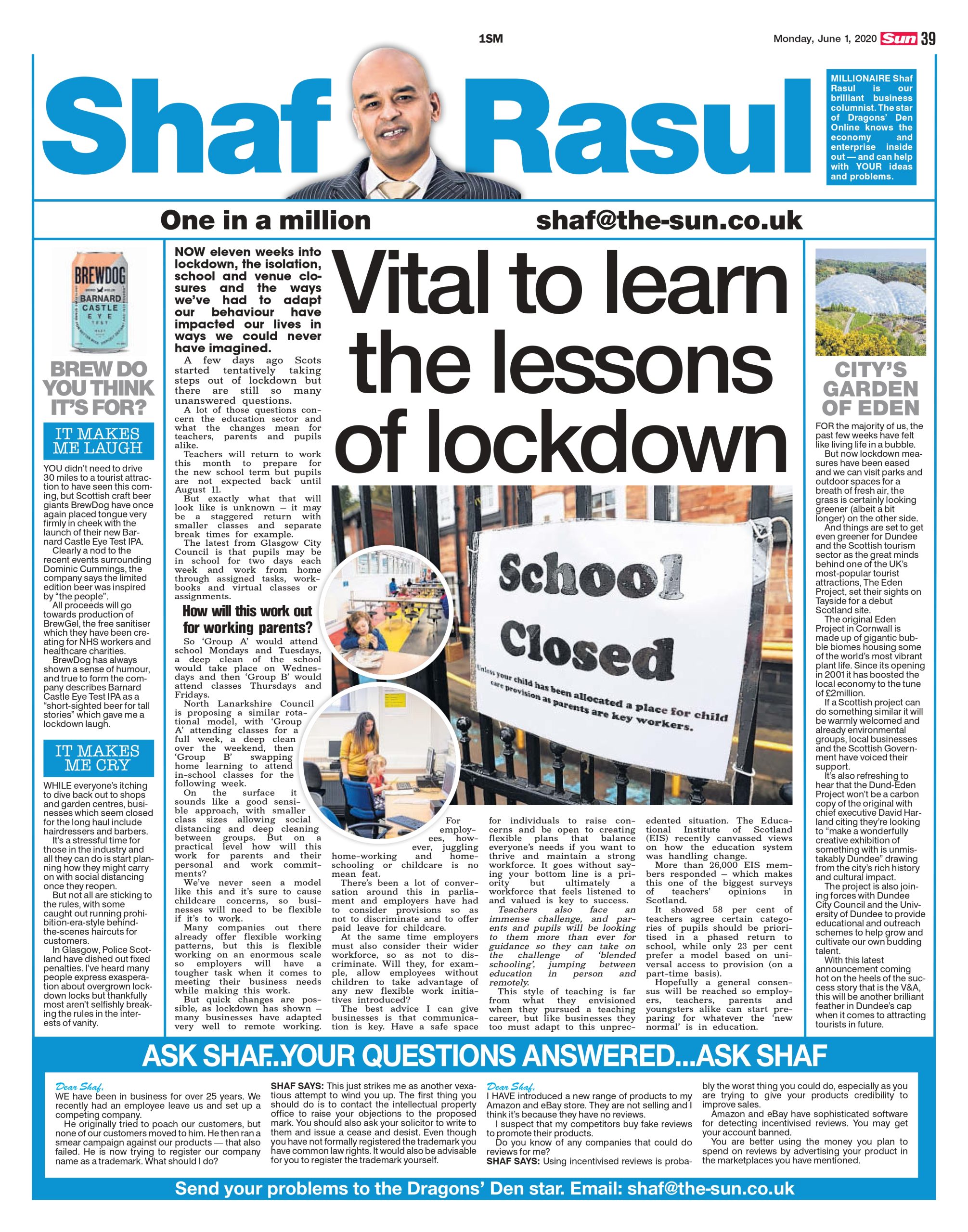 A full-page newspaper scan featuring Shaf Rasul’s column discussing Scotland’s education plans post-lockdown, Dundee’s Eden Project plans, BrewDog’s marketing stunt, and challenges faced by hairdressers and barbers.