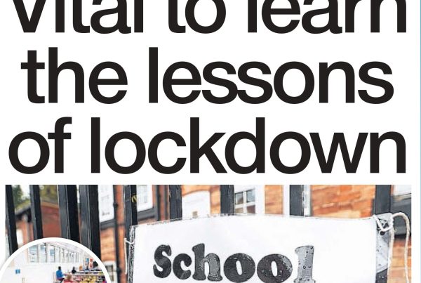 A digital banner featuring the headline “Vital to learn the lessons of lockdown” with an image of classrooms, teachers, and digital learning icons representing the education sector adapting to Covid-19.