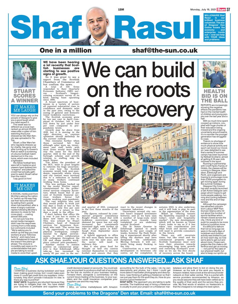 Full-page column in The Scottish Sun featuring commentary on Scottish business optimism post-lockdown, youth wellbeing campaigns, local humour, and job loss backlash.