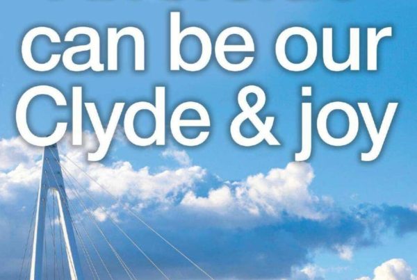 Headline banner featuring “Riverside can be our Clyde & joy” over a wide shot of the River Clyde with new bridges, cultural venues, and modern cityscape in view.