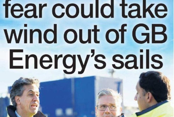 Banner image featuring an offshore oil platform fading into wind turbines under a cloudy North Sea sky, with the headline “Offshore jobs fear could take wind out of GB Energy's sails” in bold overlay.