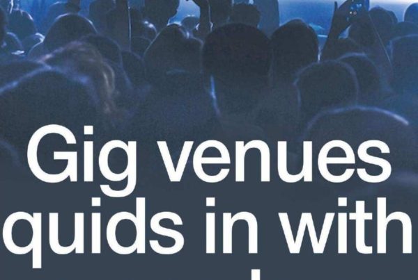 Banner image of a packed concert venue with stage lights and cheering crowd, overlaid with the headline “Gig venues quids in with arena levy” and a photo of Shaf Rasul.