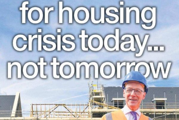 Banner image showing a city skyline with cranes and ongoing construction, overlaid with bold text reading “We need fixes for housing crisis today... not tomorrow” and a headshot of Shaf Rasul in the corner.