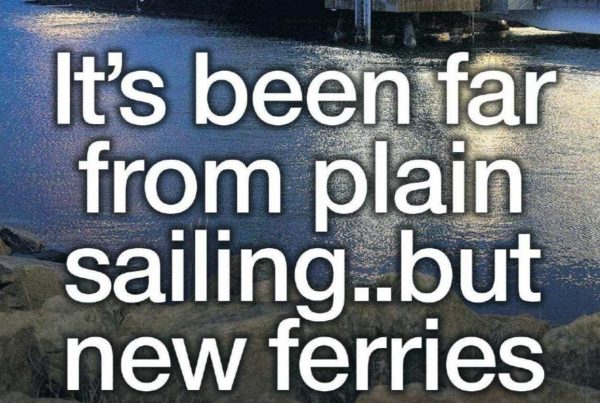 A sleek, modern ferry departs from a Scottish coastal town at sunrise, with “Glen Sannox” visible on its side. Overlaid text reads: “It’s been far from plain sailing…but new ferries will be boost” with a profile image of Shaf Rasul.