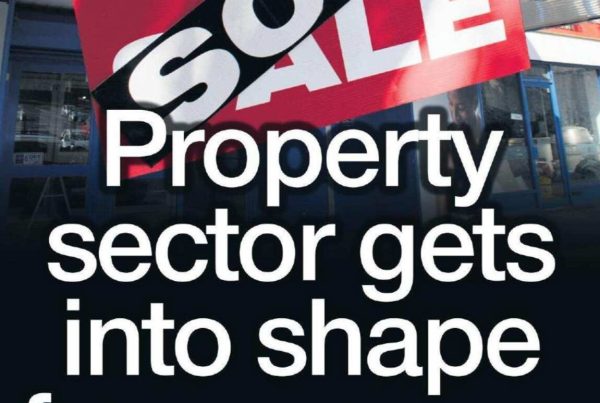 Banner image showing a modern commercial building under a clear winter sky, with bright “For Lease” signs visible, overlaid with the headline “Property sector gets into shape for new year” and Shaf Rasul’s portrait in the corner.