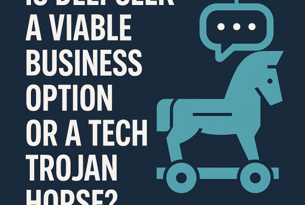A digital graphic features the headline “IS DEEPSEEK A VIABLE BUSINESS OPTION OR A TECH TROJAN HORSE?” in bold white text on a dark blue background, next to a stylized teal Trojan horse with a chatbot icon as its head.