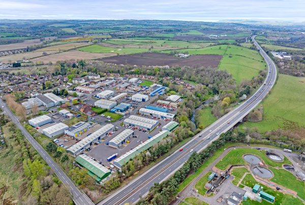 Aerial view of Mill Road Industrial Estate in Linlithgow, home to E-Net Park and Boxxs Self Storage.