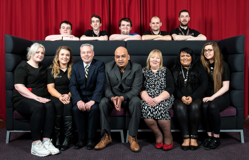 Shaf Rasul with students and staff at New College Lanarkshire during a visit to celebrate WorldSkills UK achievements