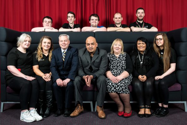 Shaf Rasul with students and staff at New College Lanarkshire during a visit to celebrate WorldSkills UK achievements