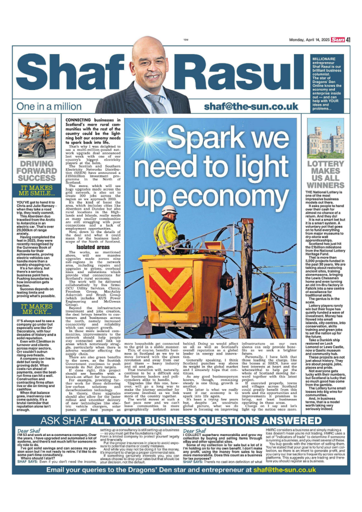 Newspaper column featuring Shaf Rasul with the headline “Spark we need to light up economy,” focusing on rural grid upgrades, lottery heritage funding, electric vehicle endurance, and the fall of a respected decorator firm.