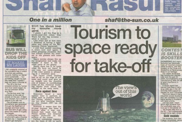 Newspaper column featuring Shaf Rasul with the headline “Tourism to space ready for take-off,” covering the Philae comet landing, future moon missions, skills gaps in Scotland, and unusual bus-powered innovations.