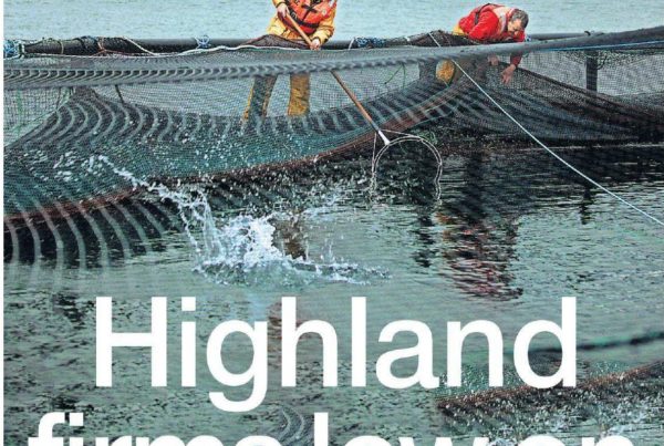 Headline graphic reading “Highland firms low on confidence” overlaid on an image of salmon farming nets in open Scottish waters with a rugged Highland landscape in the background.