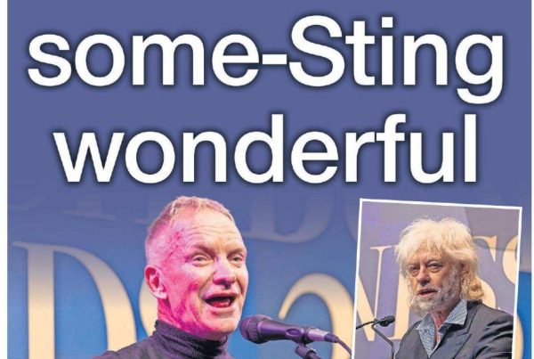 Awards Are Some-Sting Wonderful” overlaid on an elegant business awards gala scene with lights, crowd, and Sir Bob Geldof and Sting on stage.
