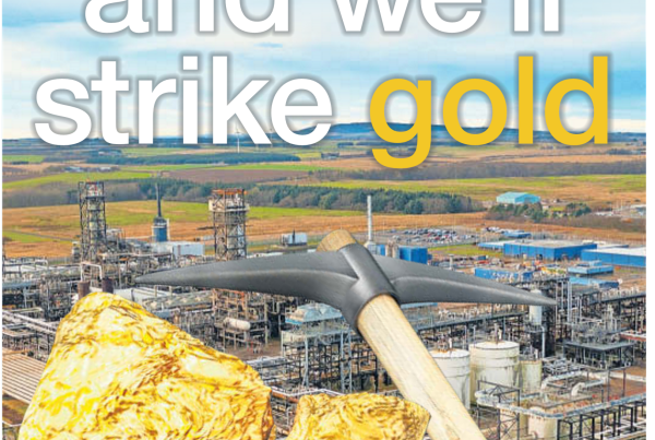 Graphic featuring gold nuggets and a pick over a development site background with the text “Invest here and we’ll strike gold”