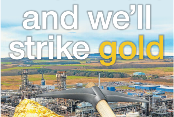 Graphic featuring gold nuggets and a pick over a development site background with the text “Invest here and we’ll strike gold”