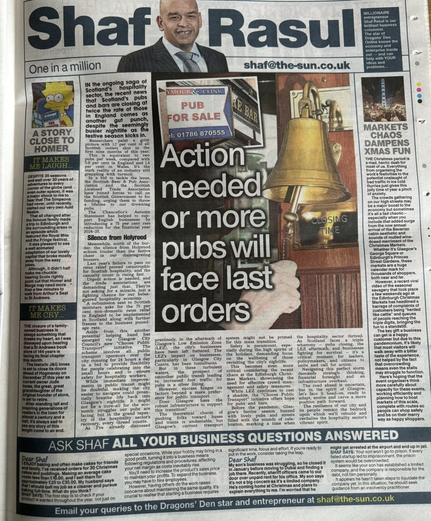 Newspaper layout of Shaf Rasul’s column with stories on pub closures, market crowding, The Simpsons in Edinburgh, and a landmark bookstore closing