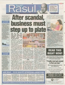 A newspaper scan featuring Shaf Rasul’s column titled “After Scandal Business Must Step Up to the Plate” with sections on the horse meat scandal, Scottish produce, and supporting local enterprise.