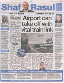 Scan of Shaf Rasul’s column discussing the need for a rail link to Glasgow Airport.