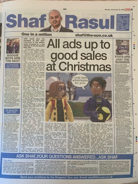 Full-page newspaper column discussing festive advertising’s impact on business during COVID-19, with side article on new business formation, plus laugh and weep features on Scotland’s Euro qualification and lost tourism.