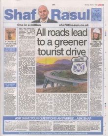 Full-page newspaper column layout with sections: main article on eco-friendly tourism, a sidebar on the LAR Housing Trust, a laugh section about tourists feeding deer biscuits, and a weep section on finance sector job losses.