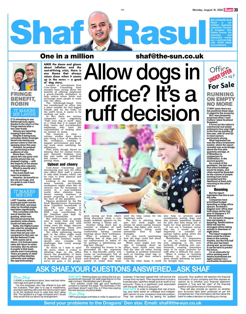 Full-page newspaper column featuring workplace pets, Scottish office real estate trends, Edinburgh Fringe humour, and education pass rate concerns.